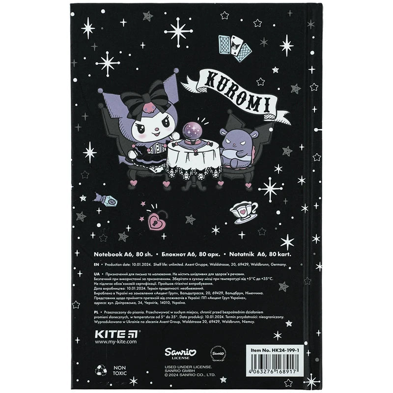 Книга записна Kite Kuromi тверда обкладинка А6 80 аркушів клітинка HK24-199-1