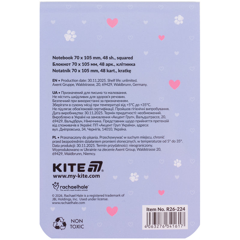 Блокнот Kite Rachael Hale R26-224, 48 аркушів, клітинка