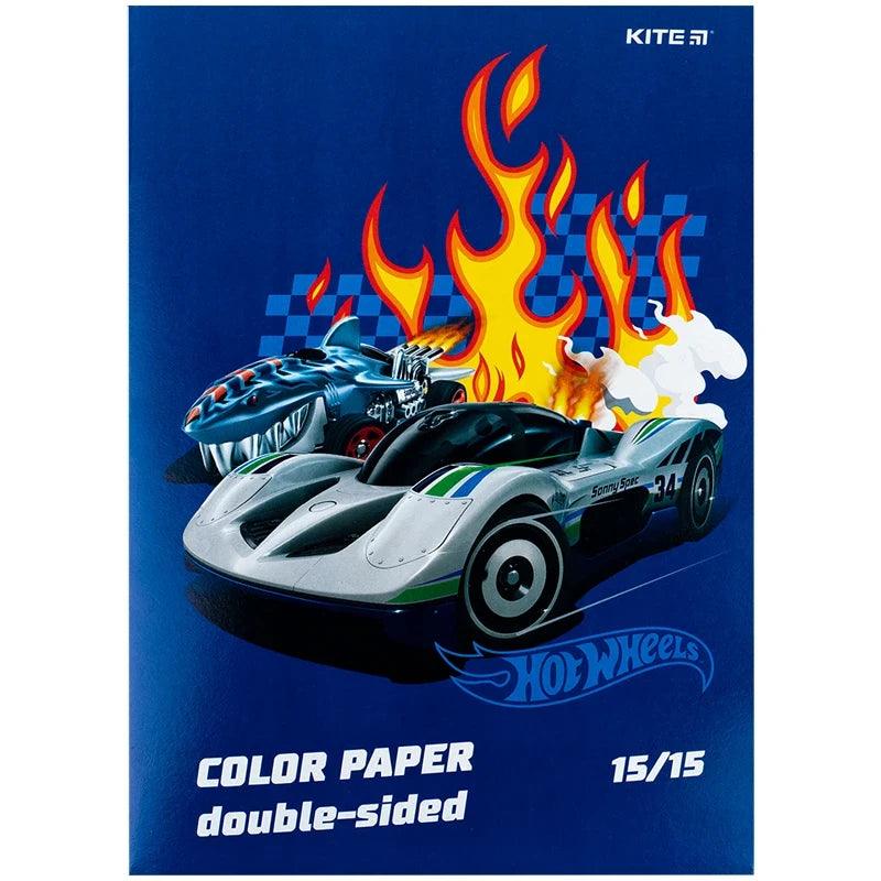 Набір кольорового двостороннього паперу Kite Hot Wheels 15 кольорів А4 HW24-250