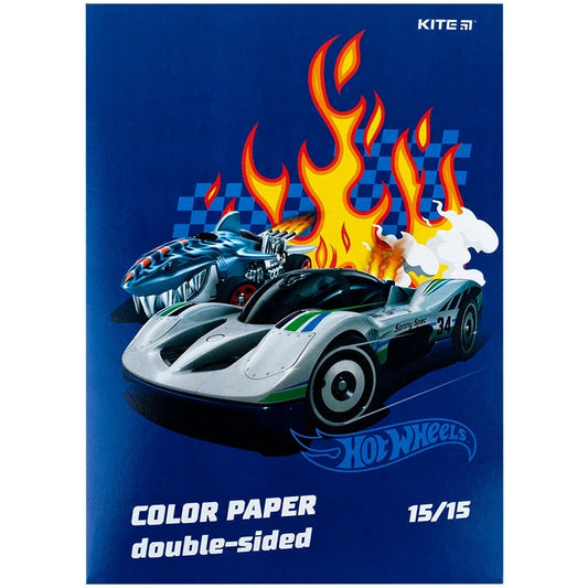 Набір кольорового двостороннього паперу Kite Hot Wheels 15 кольорів А4 HW24-250