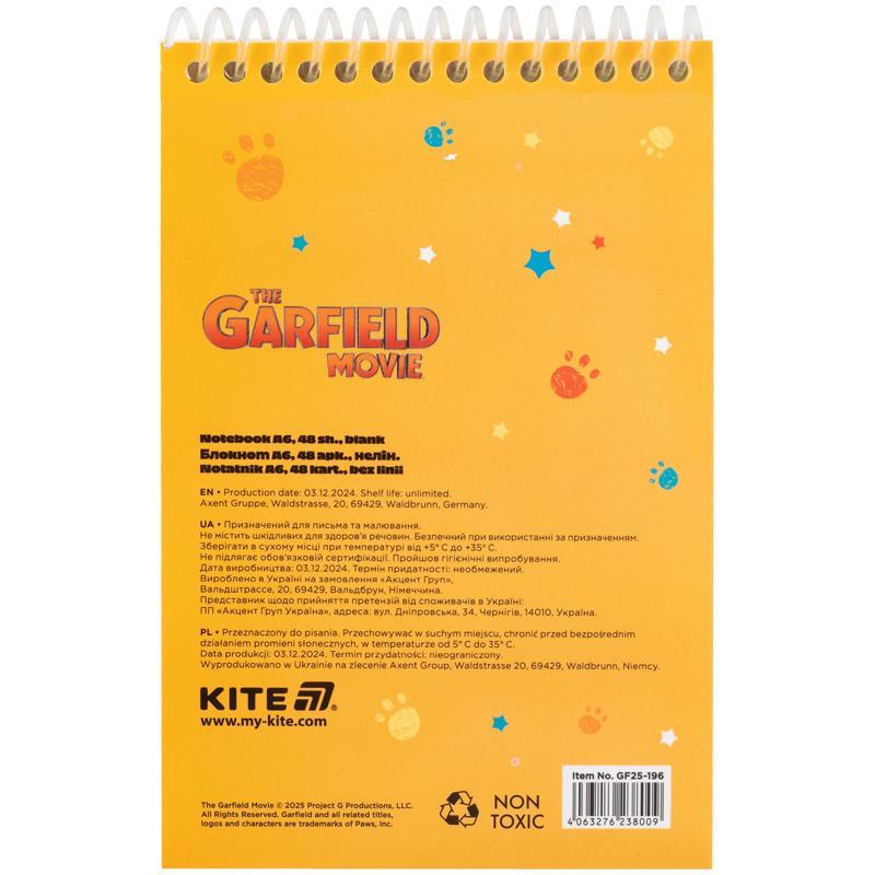Блокнот на спіралі Kite Garfield А6 48 аркушів нелінований GF25-196