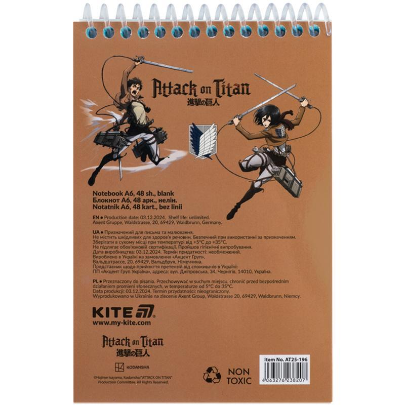 Блокнот на спіралі Kite Attack on Titan А6 48 аркушів нелінований AT25-196