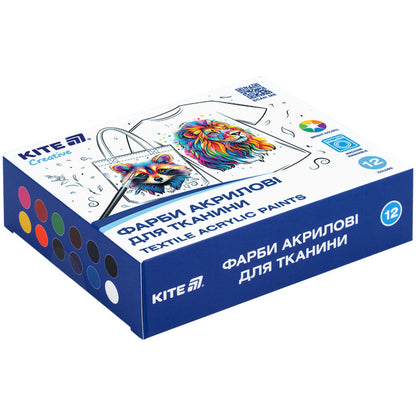 Фарби акрилові для тканини Kite Creative K-276, 12 кольорів, 20 мл