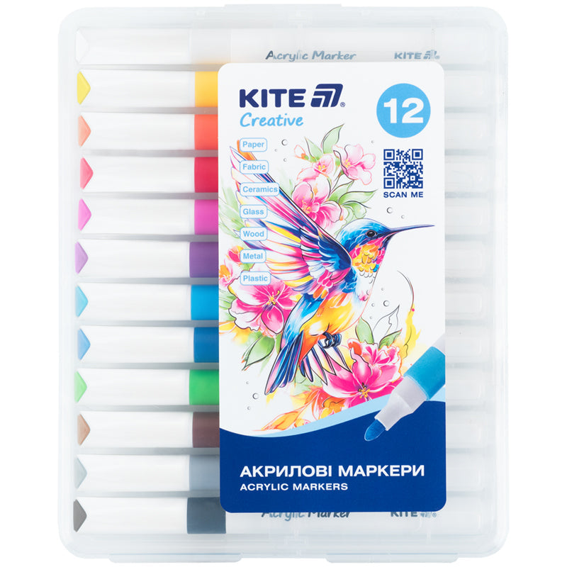 Маркери акрилові Jumbo Kite Creative K-1290, 12 кольорів
