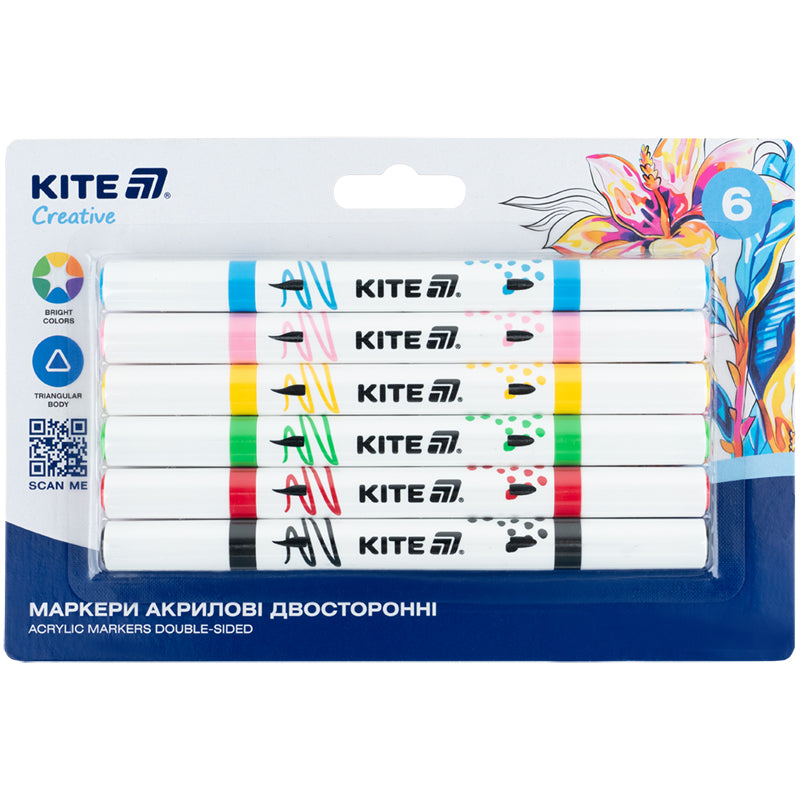 Маркери акрилові двосторонні Kite Creative K-1293, 6 кольорів