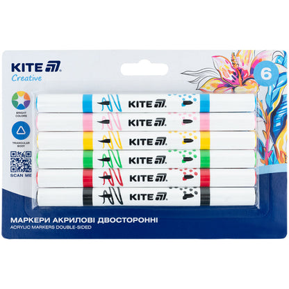 Маркери акрилові двосторонні Kite Creative K-1293, 6 кольорів