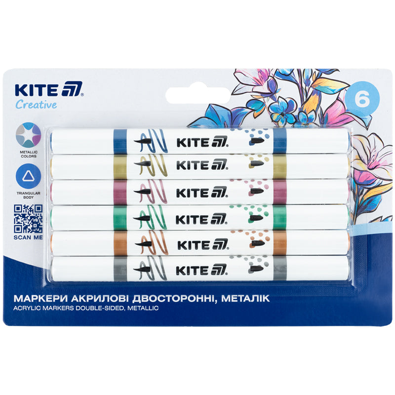 Маркери акрилові двосторонні Kite Creative K-1293, 6 кольорів металлік